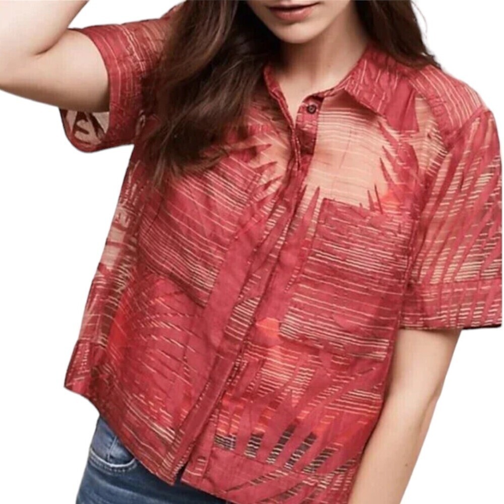 Maeve Burgundy Palm Tree Sheer Crop Button Down 0